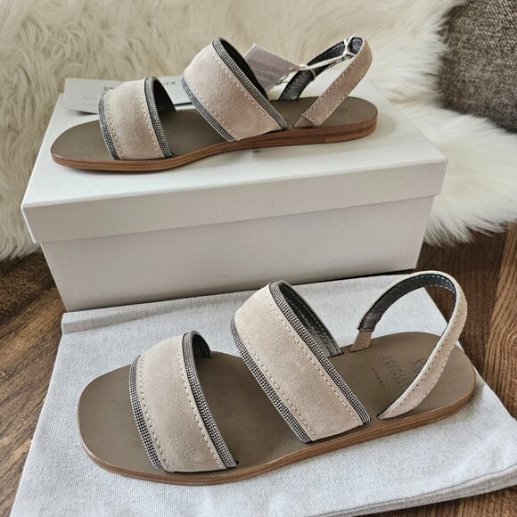NWT!! Brunello Cucinelli Monili/Beaded Suede Sling Back Flat Sandals 7.5 - Picture 2 of 16